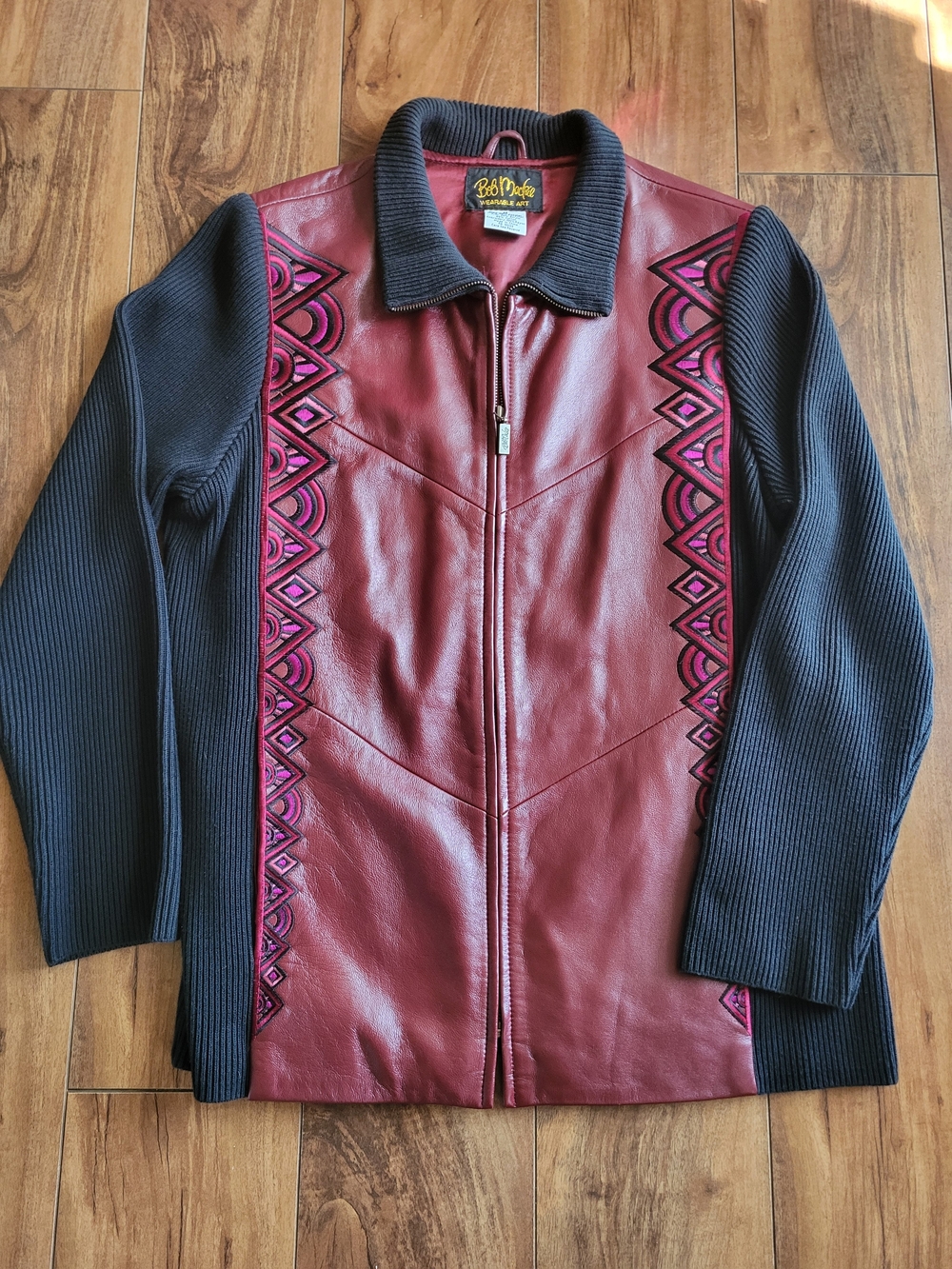Bob Mackie Burgundy Leather Jacket with Black Knit Sleeves